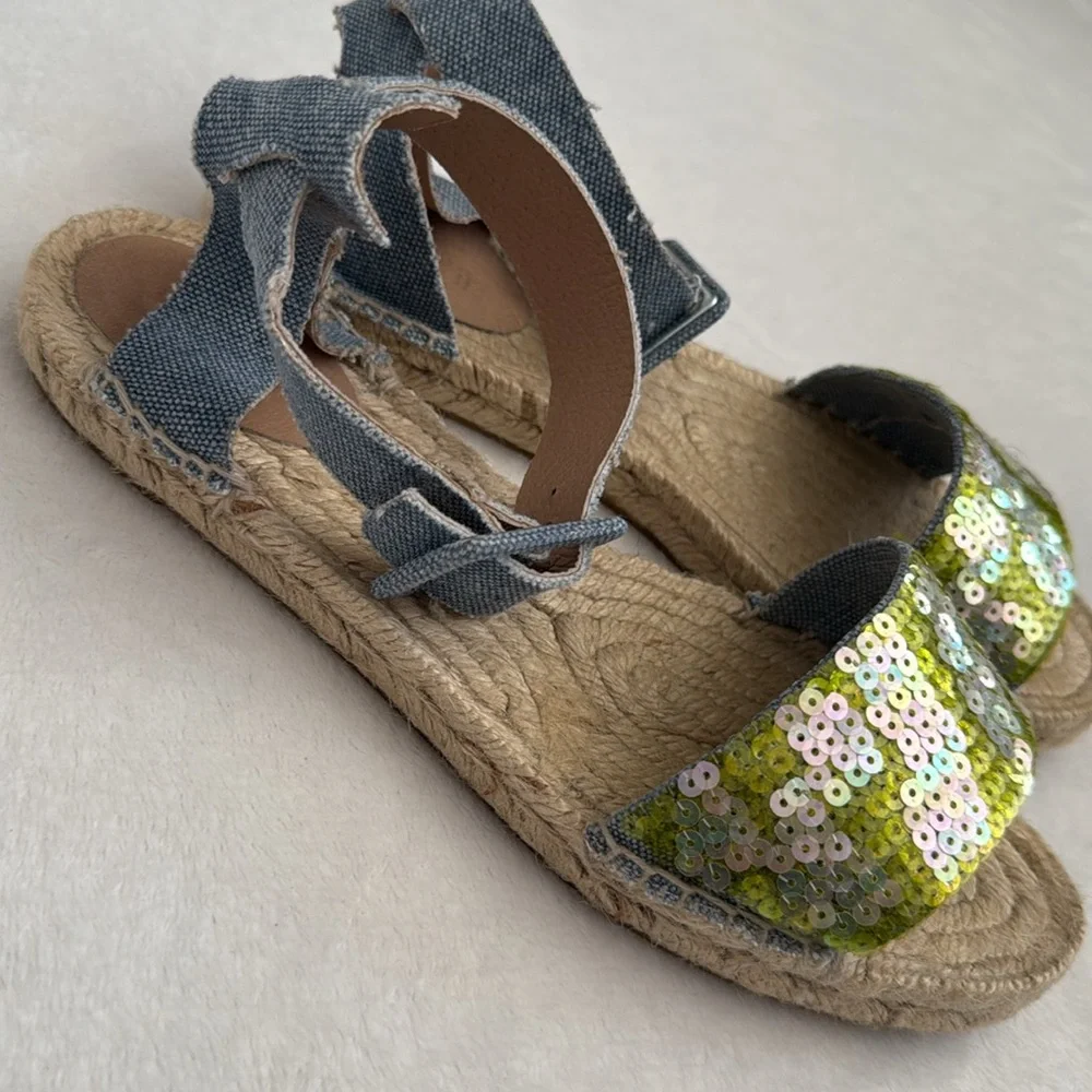 J. Crew | Sequin Ankle Strap Espadrilles Green/Blue Chambray (8) - Picture 2 of 15
